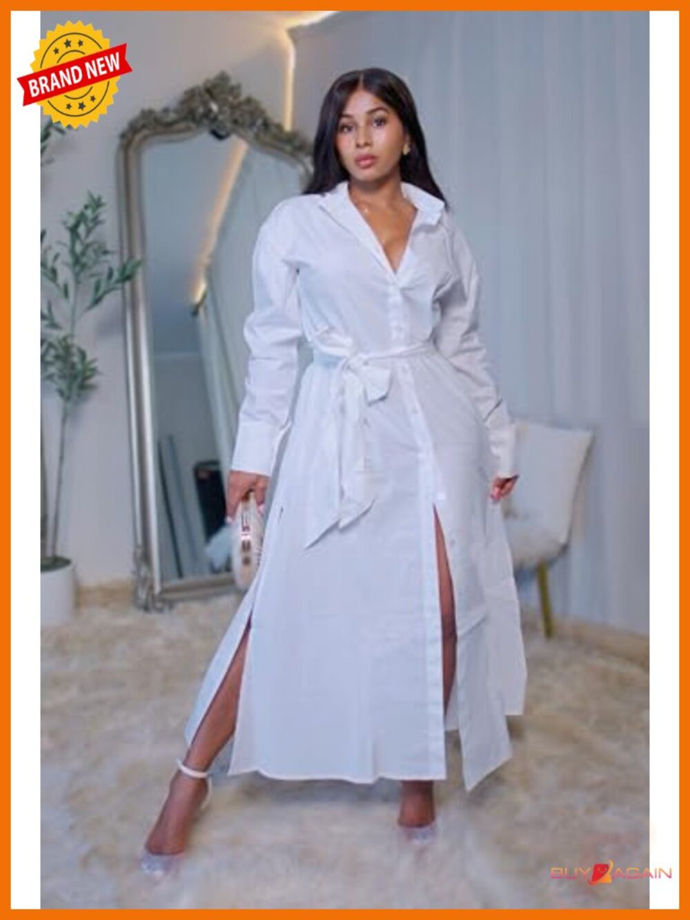 Oversized Shirt Dress Side Slit Long Sleeve Button Down Maxi Dresses with - Picture 3 of 6